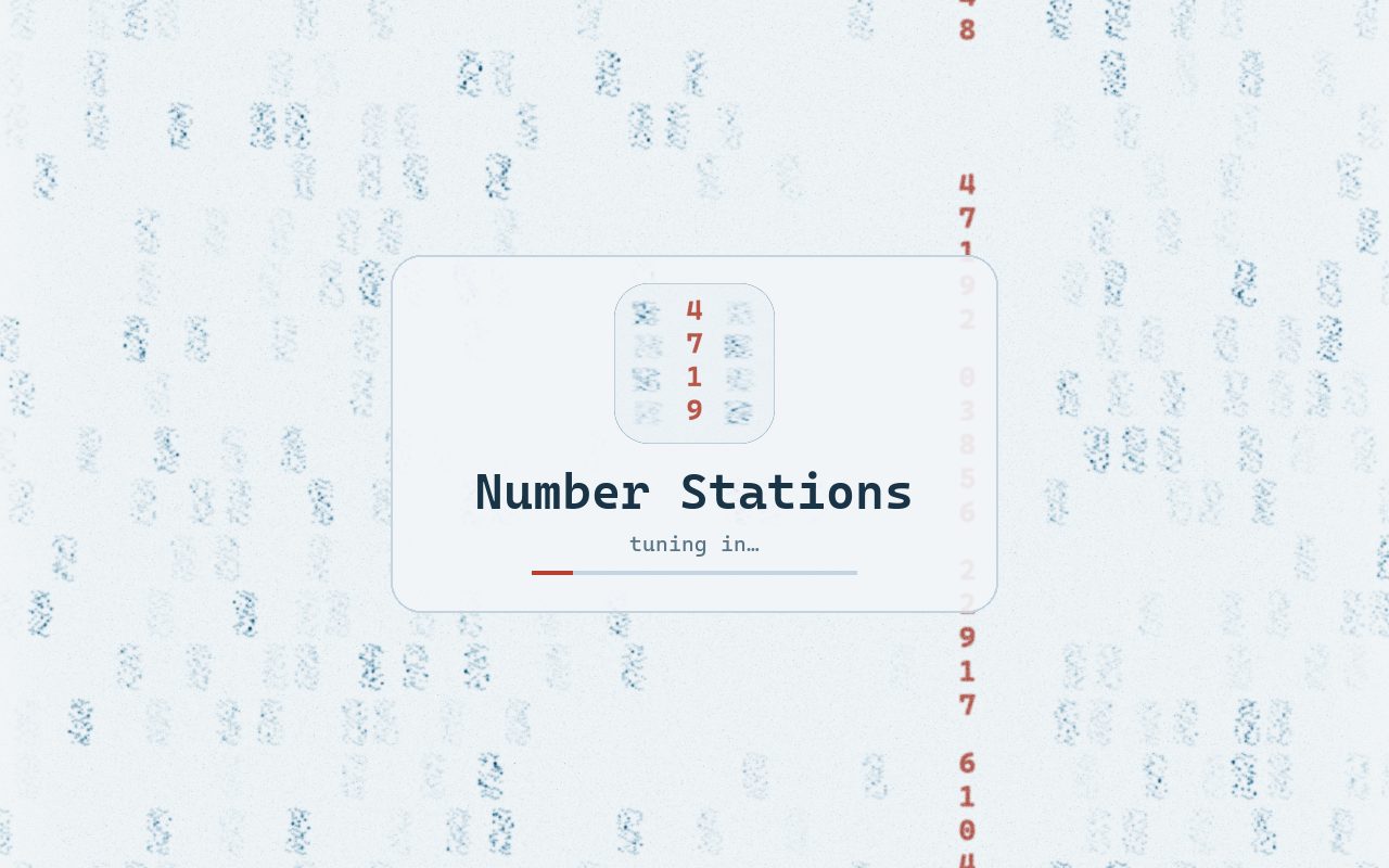The Number Stations boot screen: a panel in the middle with the logo, the words Number Stations and tuning in, and a red progress bar, over a waterfall of blue signals with a column of red digits.